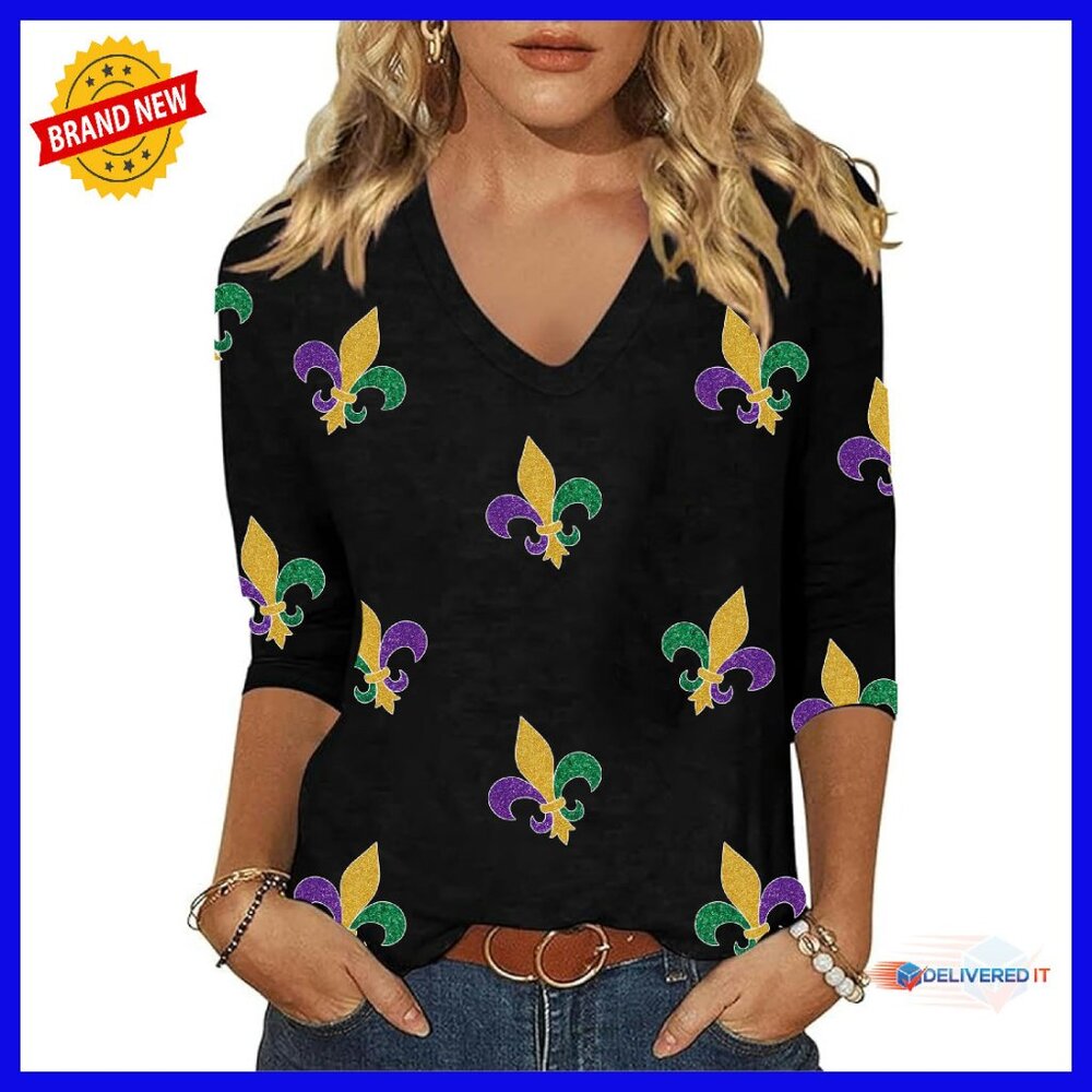 Women's 3/4 Sleeve V-Neck Carnival Party Tee Cotton Blend